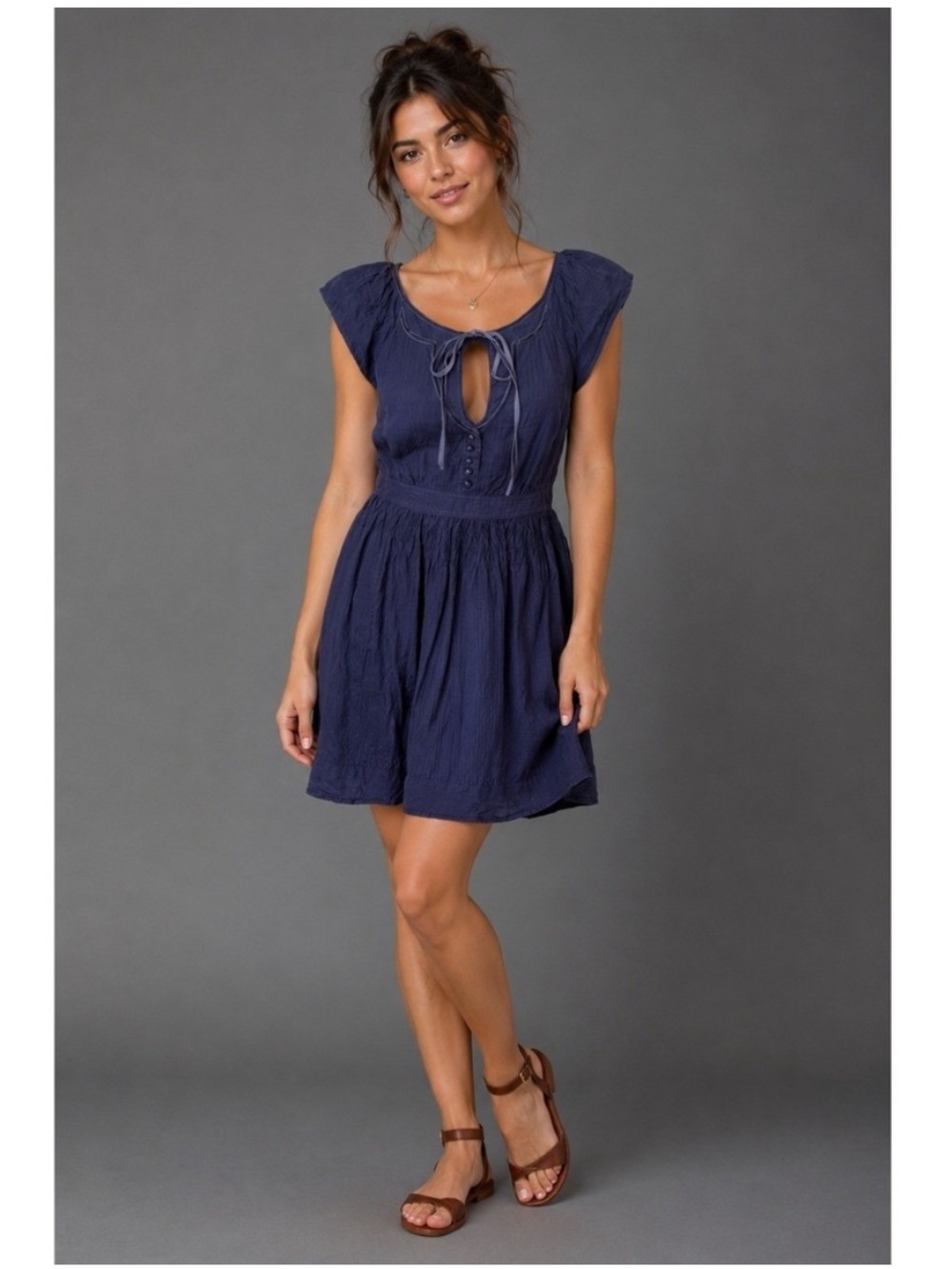 Maeve Ingrid 100% Silk Tie-Front Cap-Sleeve Mini Dress Navy